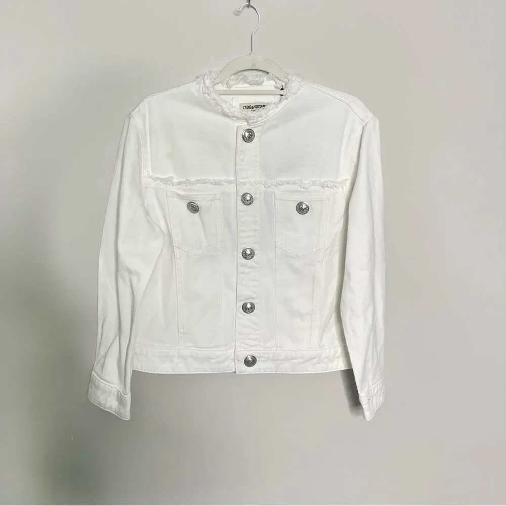 $398 Zadig & Voltaire Kaely Destroy Denim Jacket in White NWT small